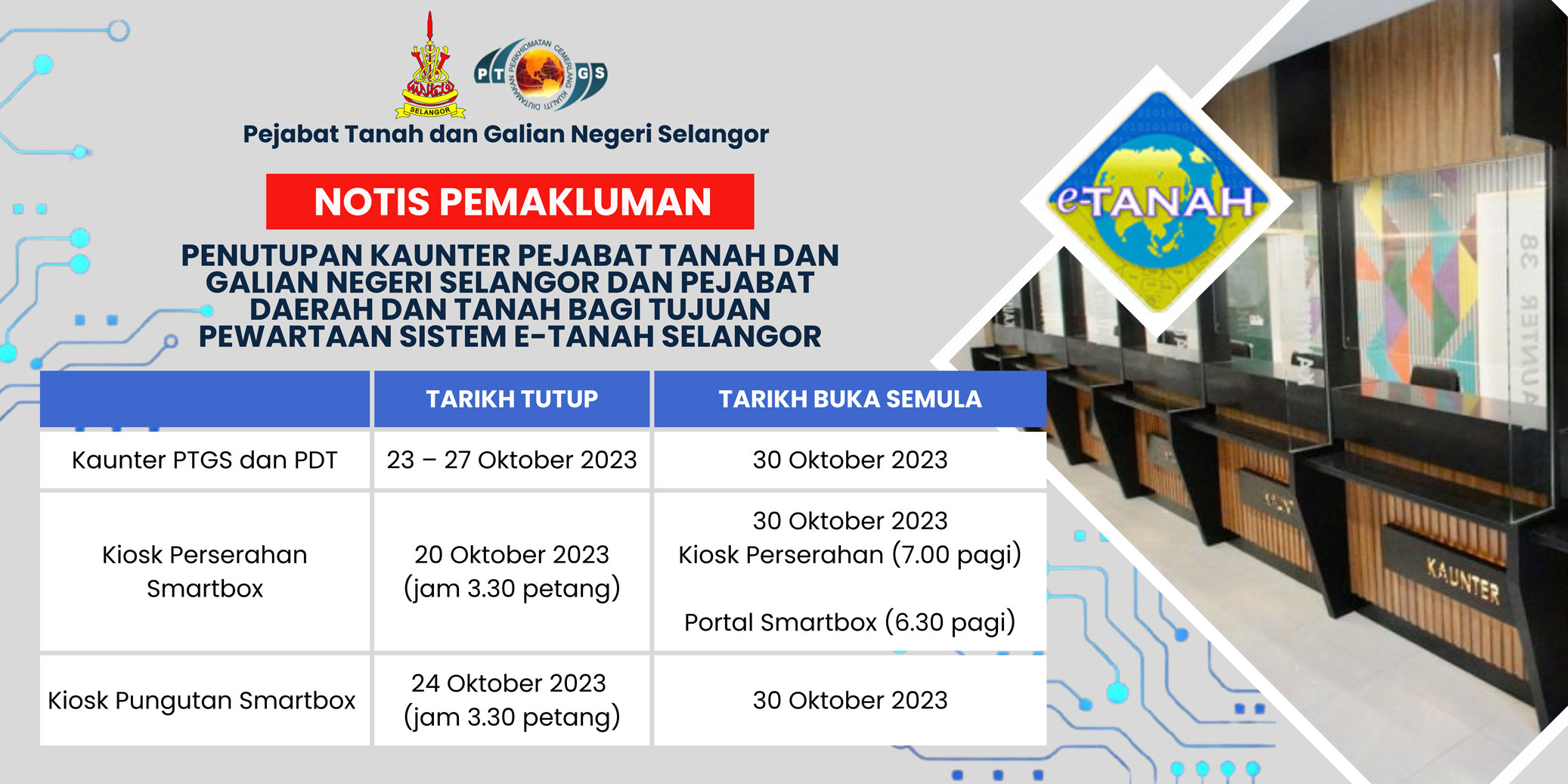 Penutupan Kaunter Pejabat Tanah 23-27 oktober 2023