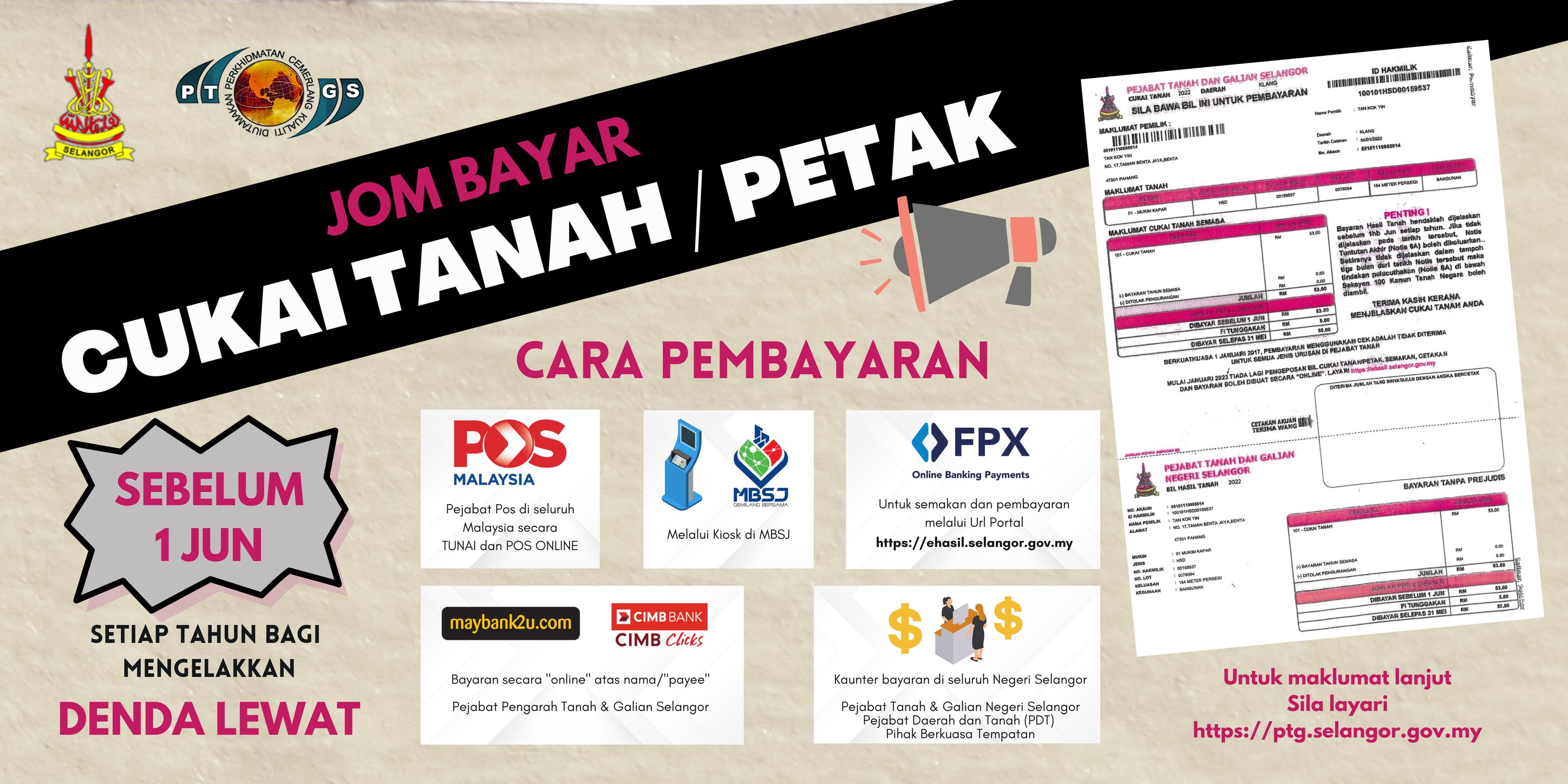 Pembayaran Online Lebih Pantas Untuk Cukai Tanah dan Petak Negeri Selangor sebelum 31 Mei setiap tahun
