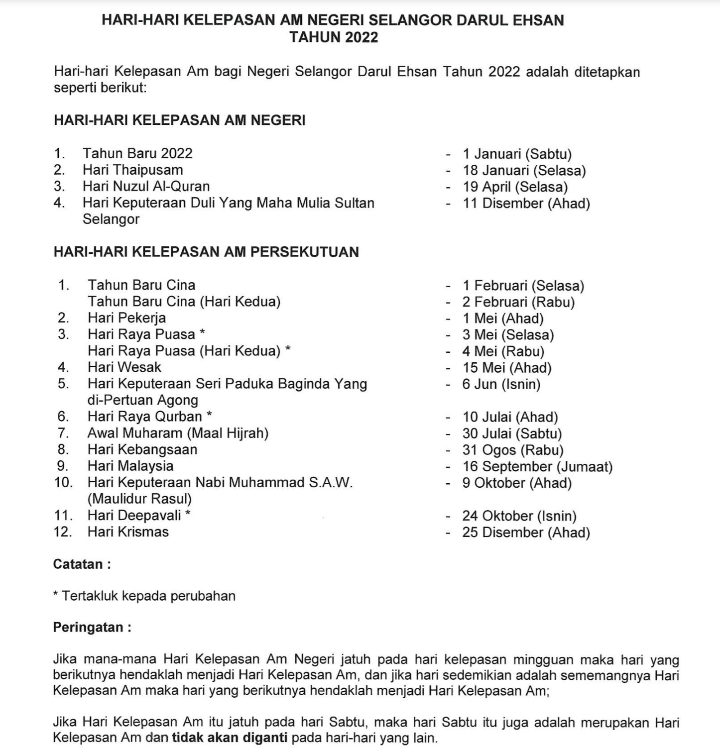 Hari Kelepasan Am Selangor Cuti 2022