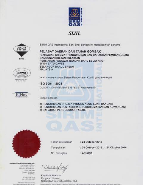 Portal Rasmi PDT Gombak Sijil Pengiktirafan ISO 9001 : 2008