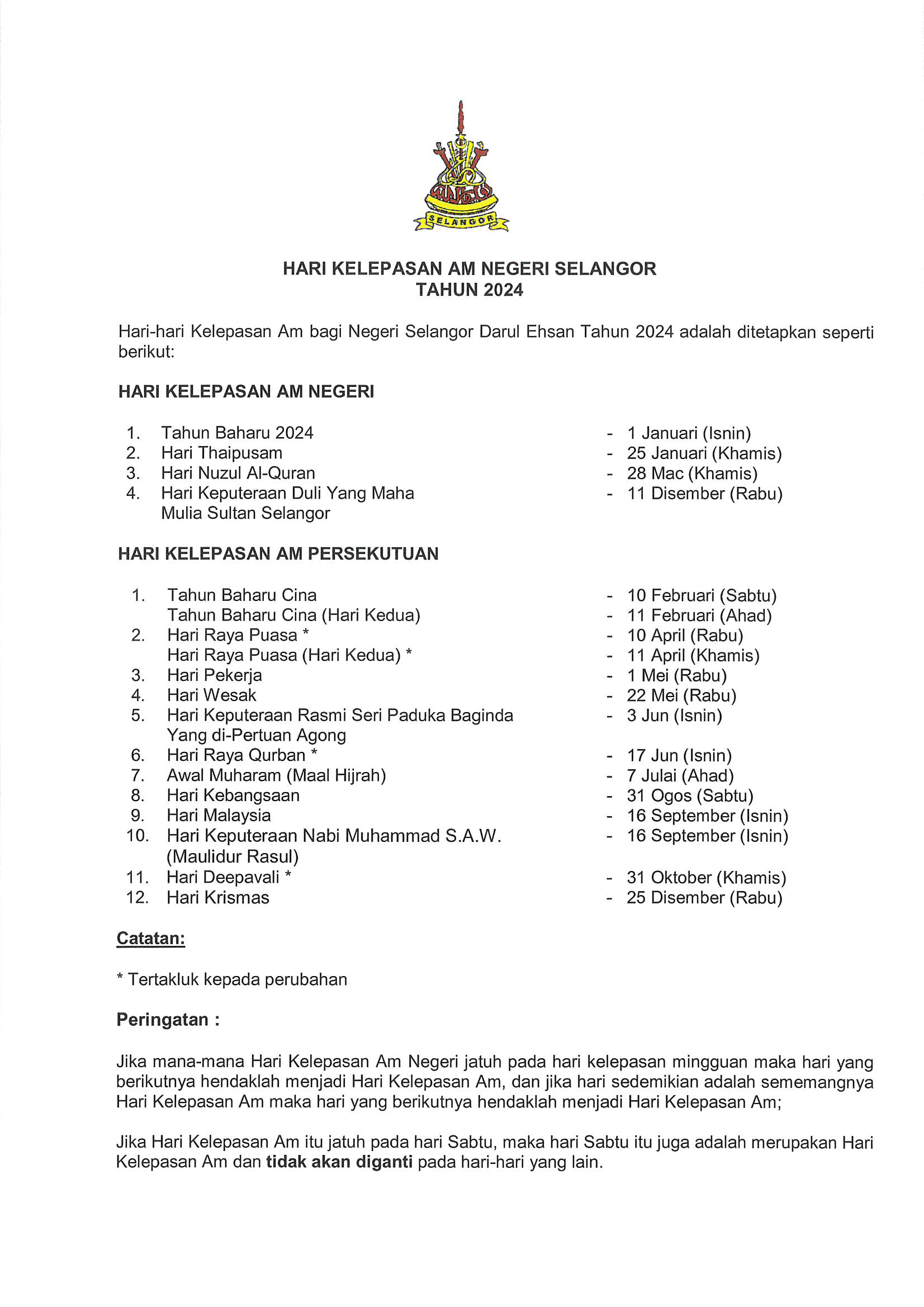 Hari Kelepasan Am Selangor 2024