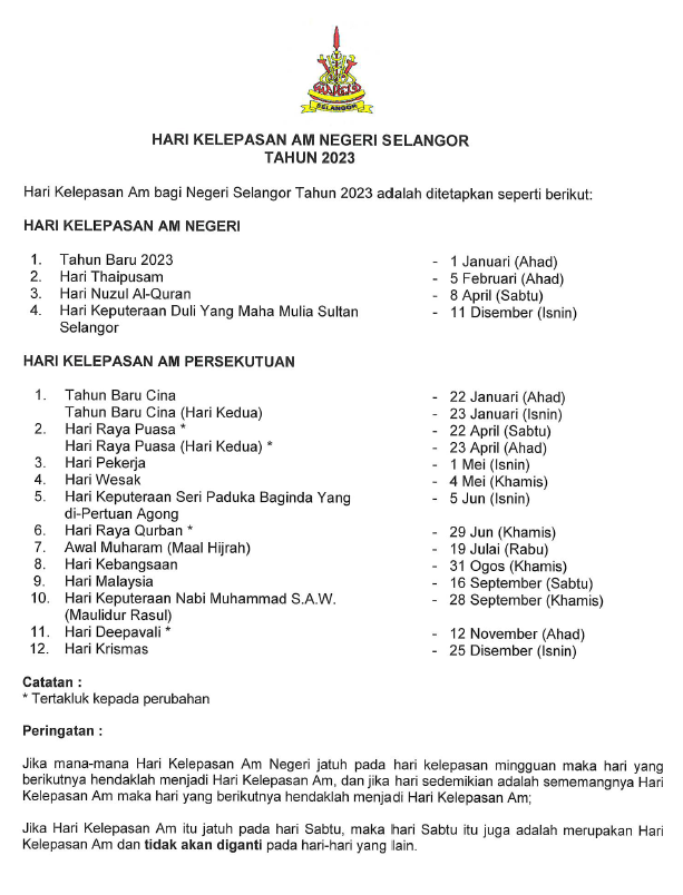 Hari Kelepasan Am Selangor 2023