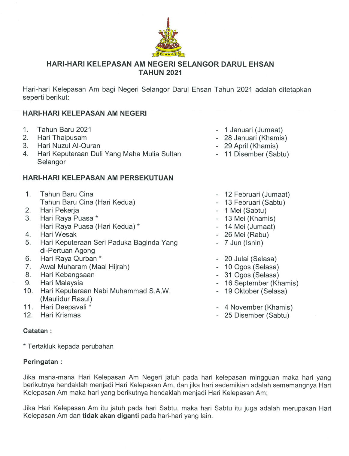 cuti selangor 2021